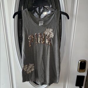 PINK Gray Tank Top with Sequin Details